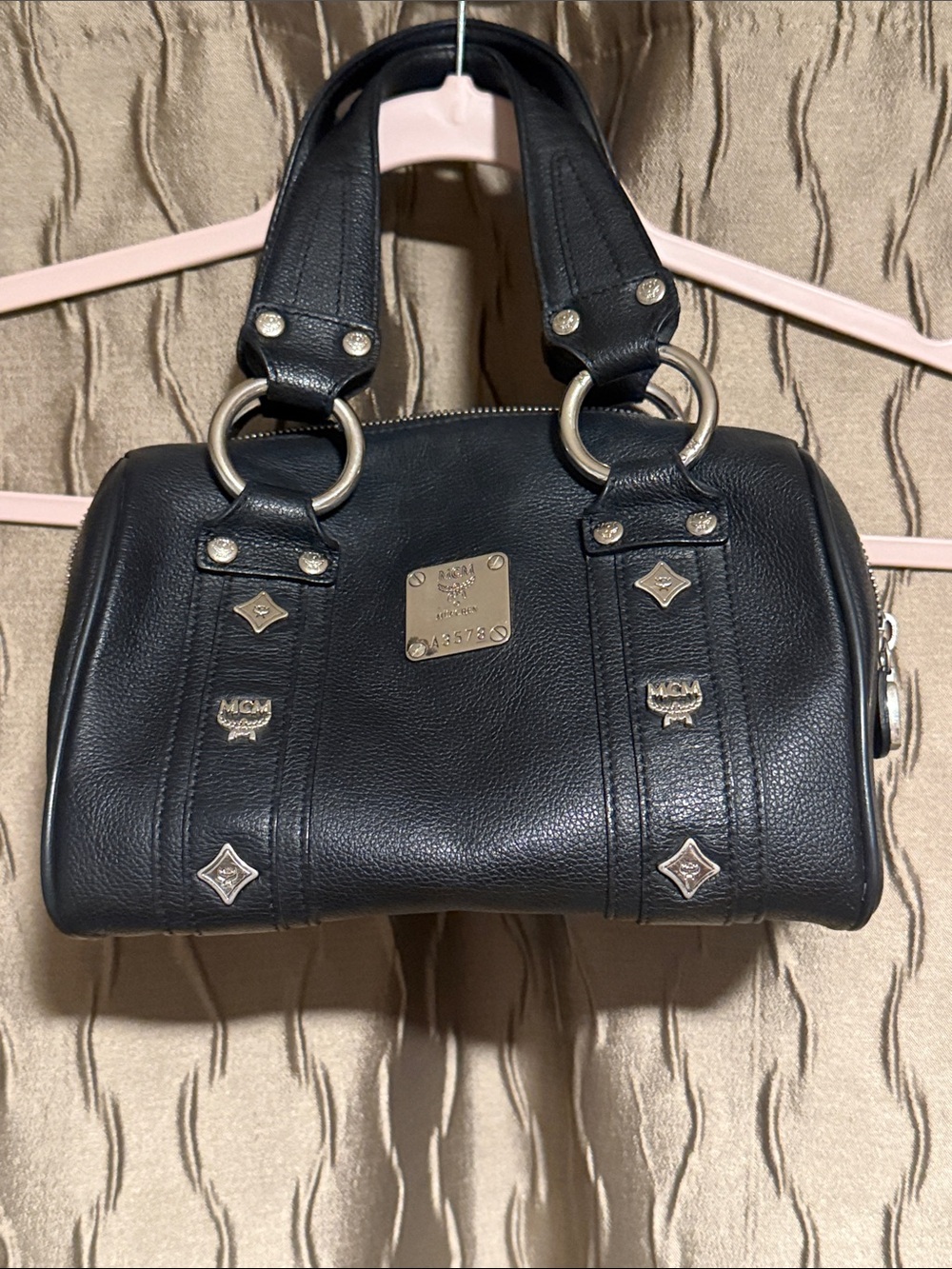 MCM Black Leather Logo-Plate Satchel